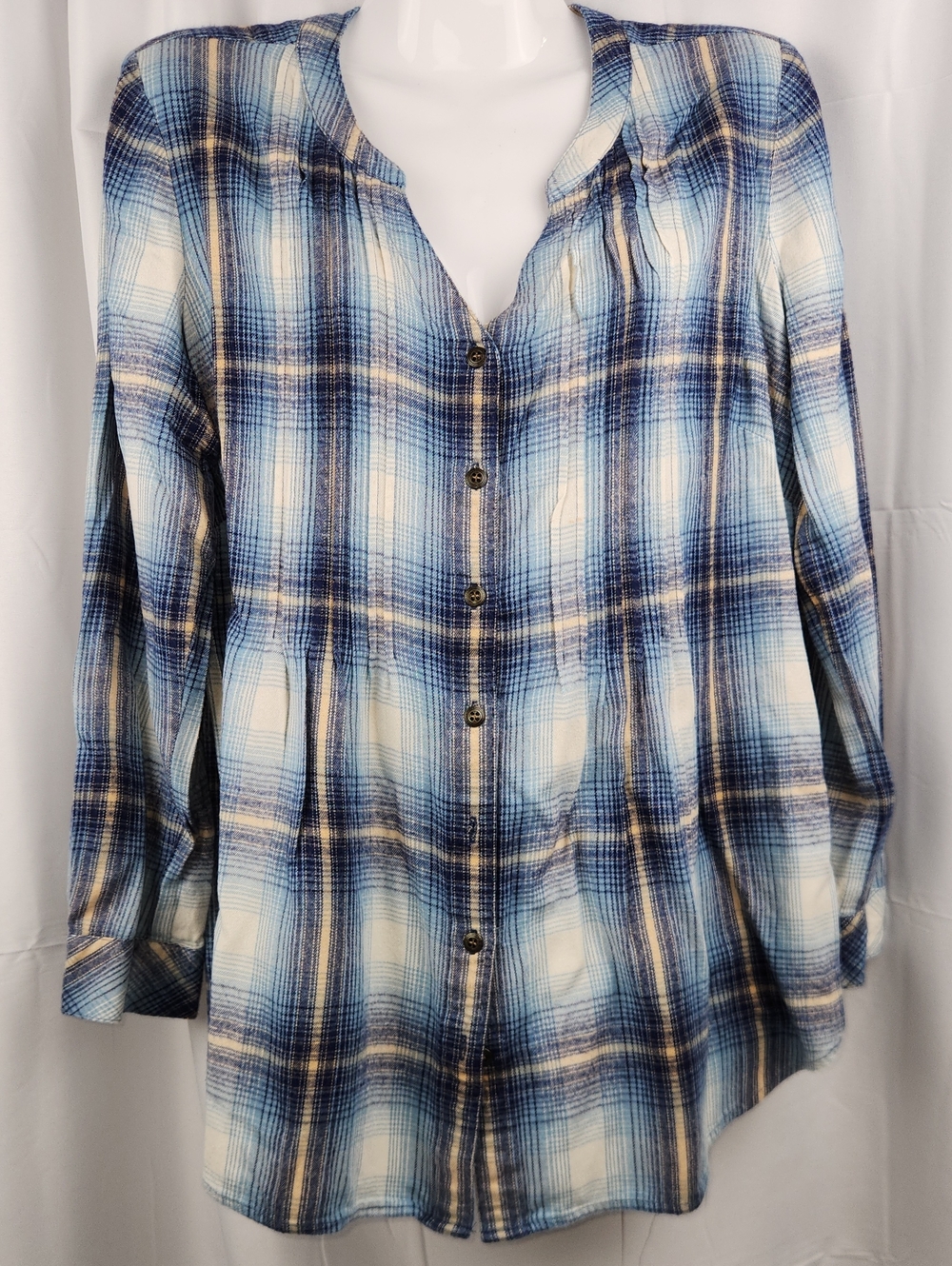 Coldwater Creek Blue and Cream Plaid Button-Down Top